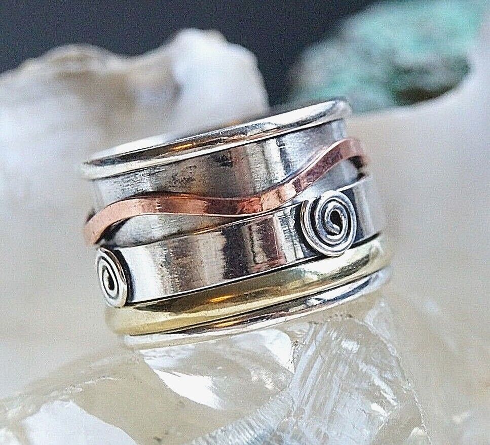 Schlicht Tricolor Drehring 925er Silber Ring 55 58 62 63 Spirale Kupfer Messing