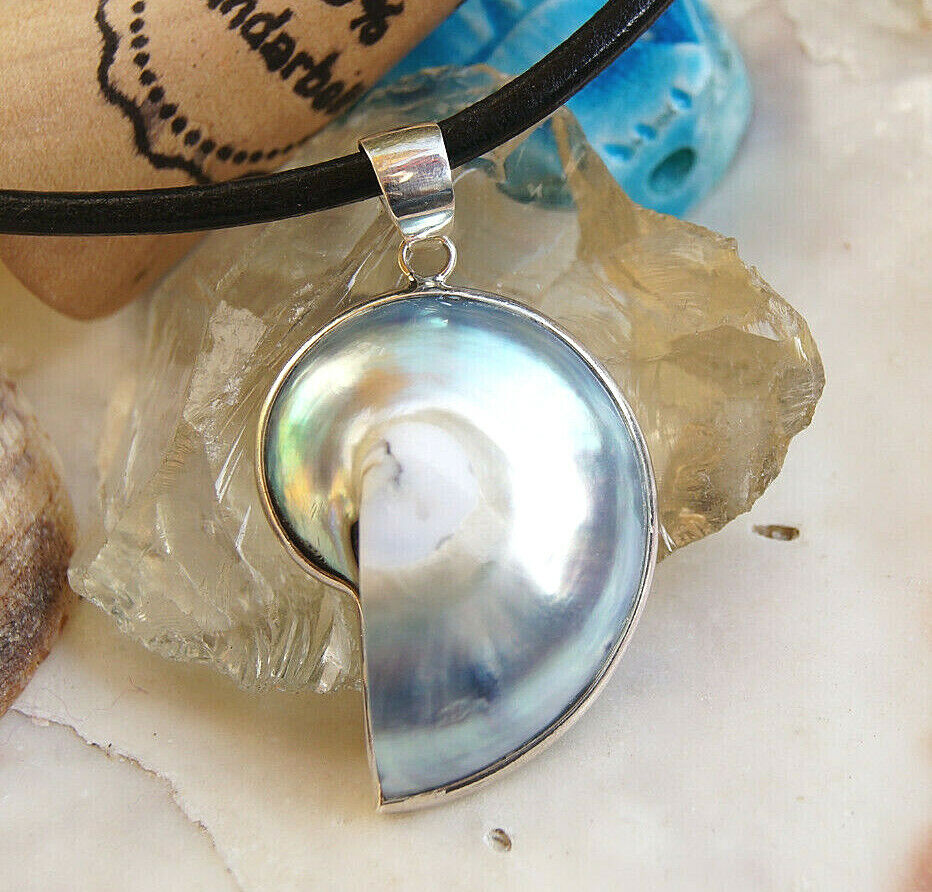 Kettenanhänger 925er Silber Nautilus Muschel Fossil Blau Schwarz Grün Natur – Bild 10